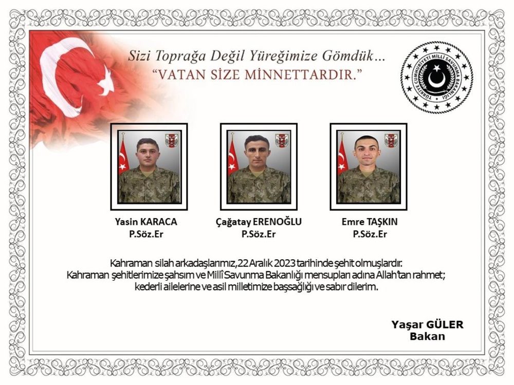وزارت دفاع ترکیه کشته شدن 6 تن از نظامیان خود را در کردستان عراق تایید کرد