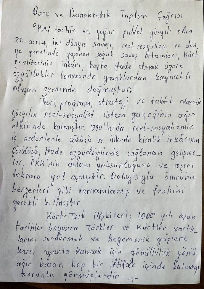 دستنوشته فراخوان تاریخی عبدالله اوجالان منتشر شد