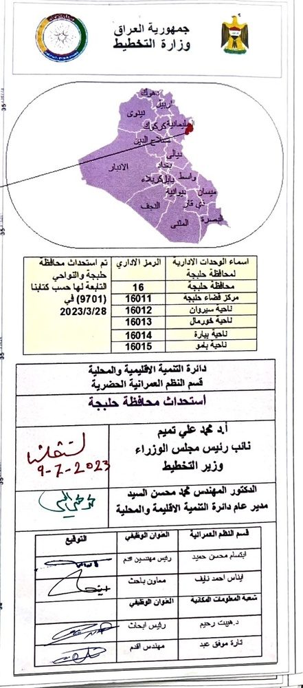 وزارت برنامه‌ریزی عراق نقشه‌ی مرزبندی استان حلبچه را تصویب کرد