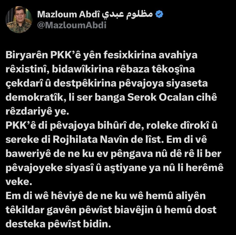 انحلال ساختار تشکیلاتی PKK  گامی در راستای پایان مبارزه مسلحانه و آغاز روند دموکراتیک است