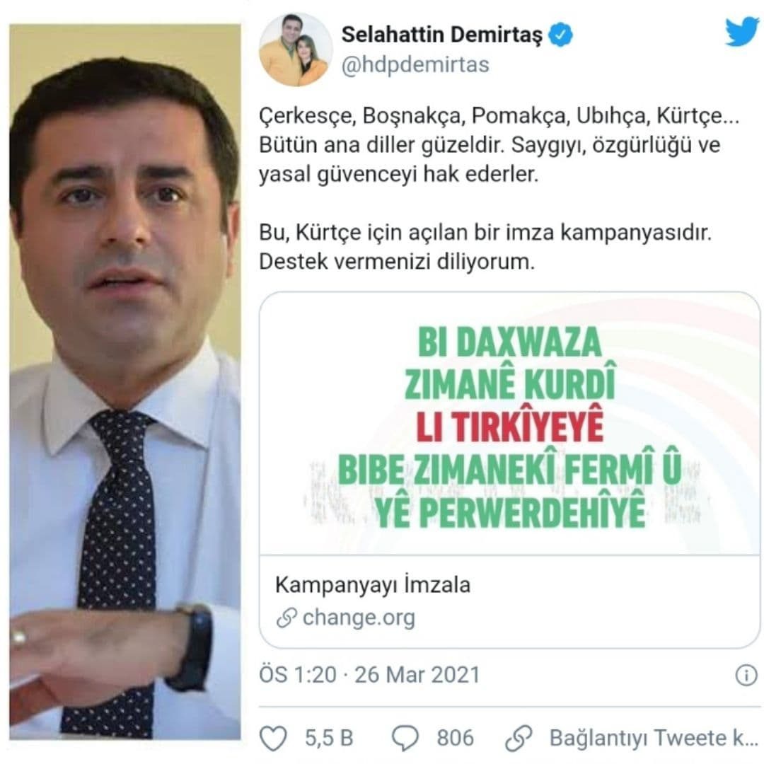 دەمیرتاش بانگەوازێک بۆ پاڵپشتیی کردن لە «کەمپینی خوێندن بە زمانی كوردی» بڵاو کردەوە