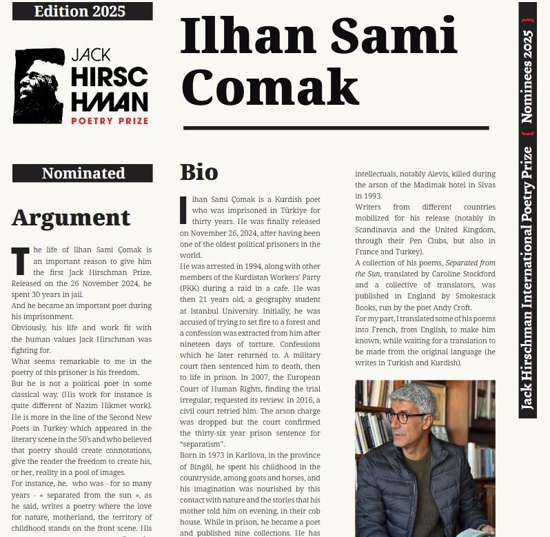 شاعر کُردی که سی سال در زندان ماند، برنده نخستین جایزه «جک هیرشمن» شد