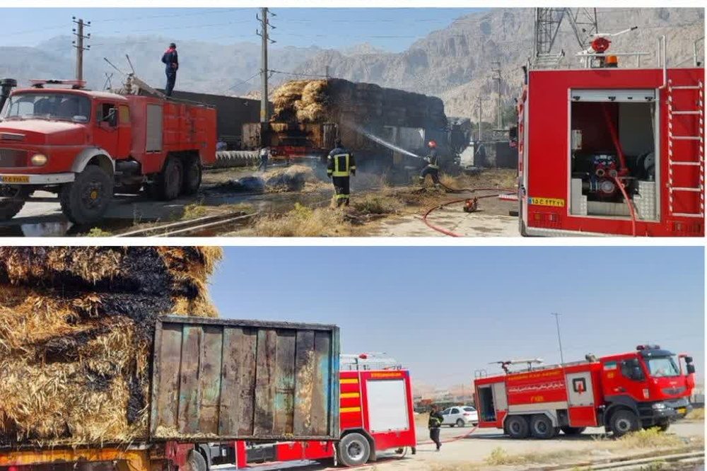 آتش‌سوزی تریلی حامل علوفه در جاده کرمانشاه _ بیستون